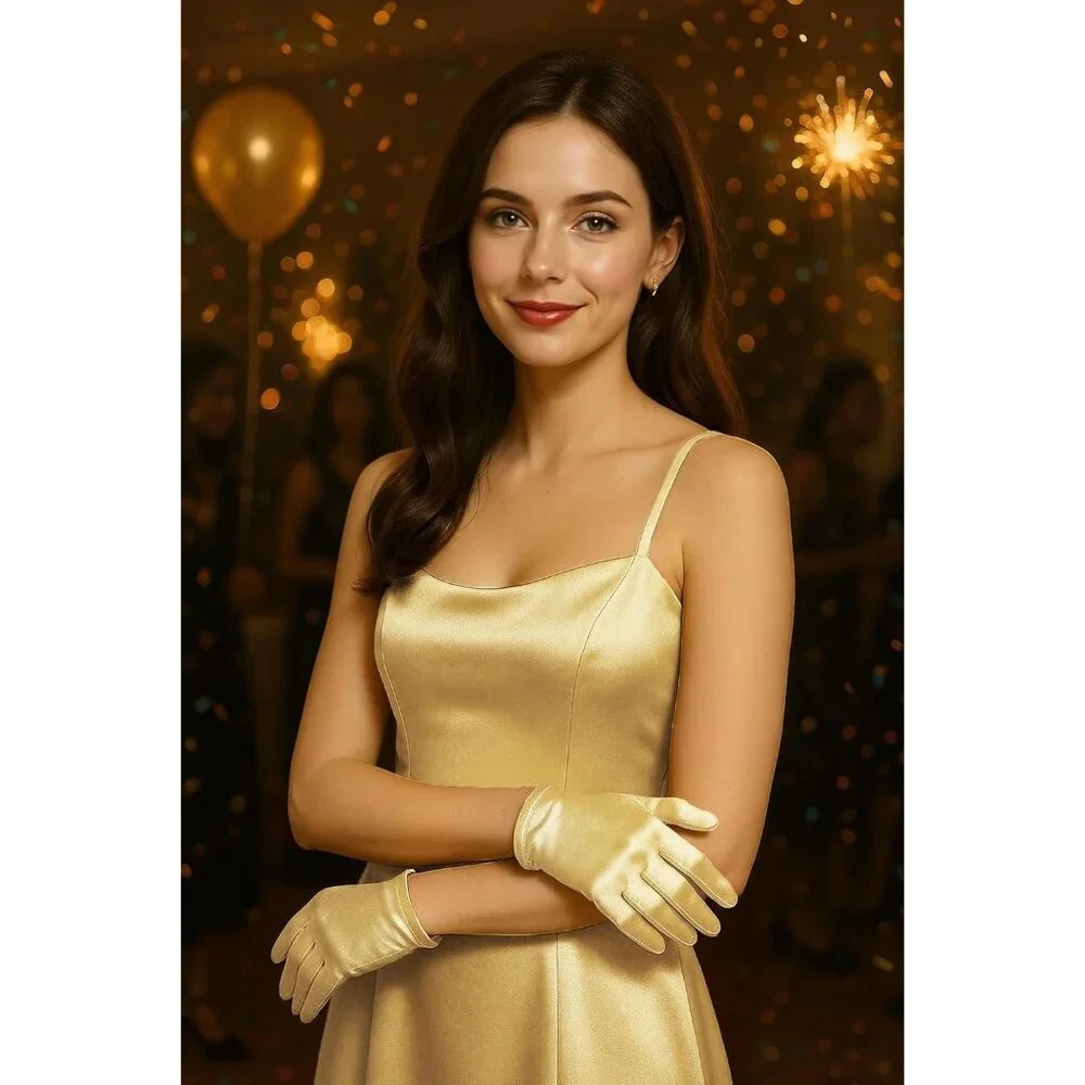 Women's Short Gold Satin Silk Gloves Banquet Wedding Party Costume Accessories